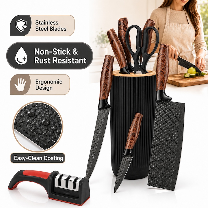Set 6 cutite de bucatarie din otel inoxidabil, cu bloc universal, suprafata antiaderenta si antirugina, design ergonomic, Excitat®, negru
