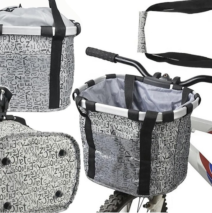 Cos pentru bicicleta BNTrade 3HCMTVZ53WL, montare click cu suport, cadru din aluminiu, poliester rezistent la apa, capac cu snur, buzunar frontal si interior cu fermoar, 15 L, gri cu litere, 34 x 26.5 x 25 cm