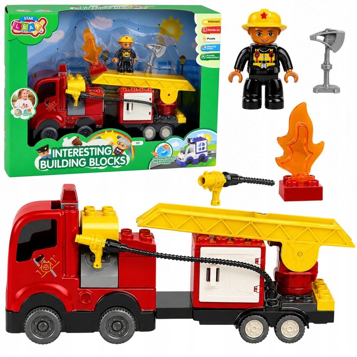 Set constructie masina pompieri cu figurina si scara mobila rosu-galben 37.5x27.5x11.5cm Lean Toys