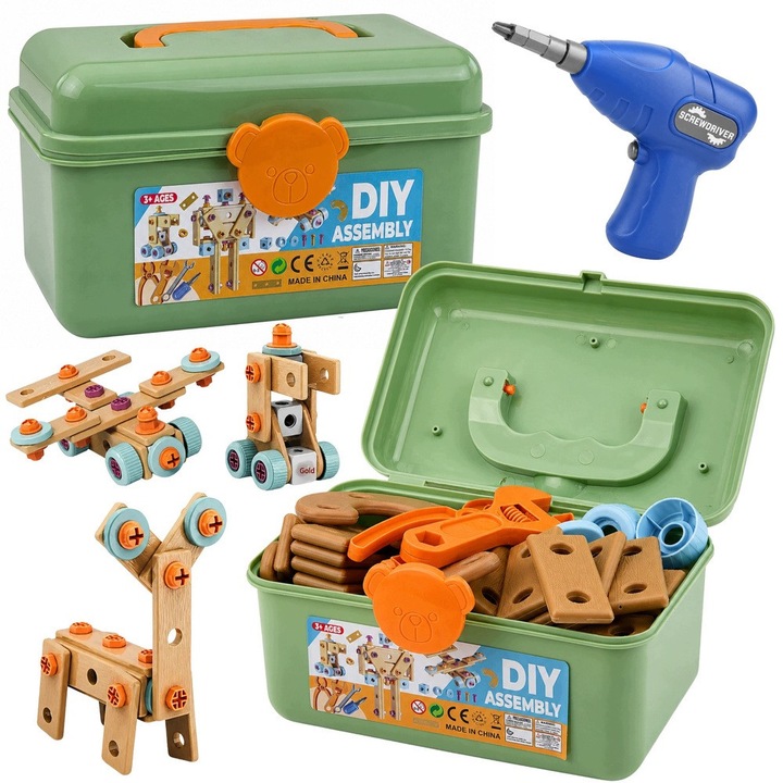 Set de constructie cu surubelnita electrica LeanToys 190 piese verde-maro 26x19.5x12.5cm