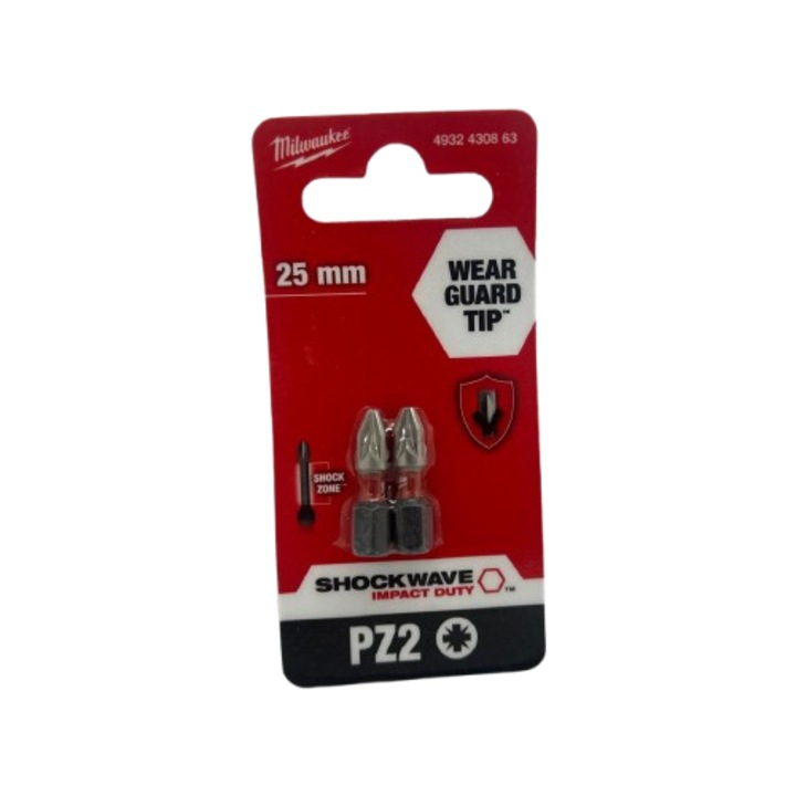 Set 2 biti insurubat Impact, PZ 2X25, prindere HEX 1/4, 25 mm, Milwaukee