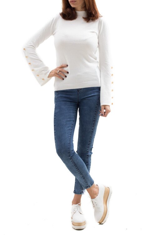 Pulover maneca evazata, nasturi aurii, Alb, M-L