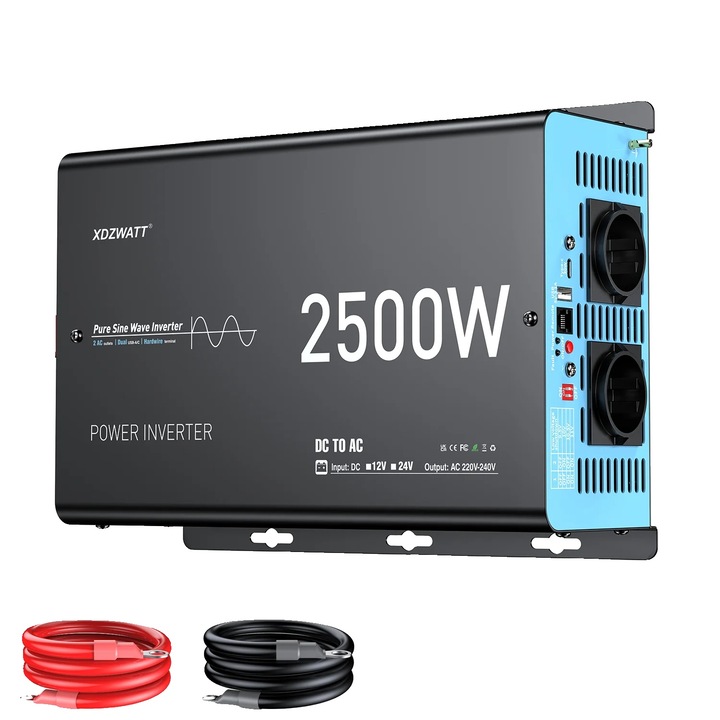 Tiszta szinuszos inverter 12V 2500W 5000W csúcs, távirányító, LCD kijelző, fehér