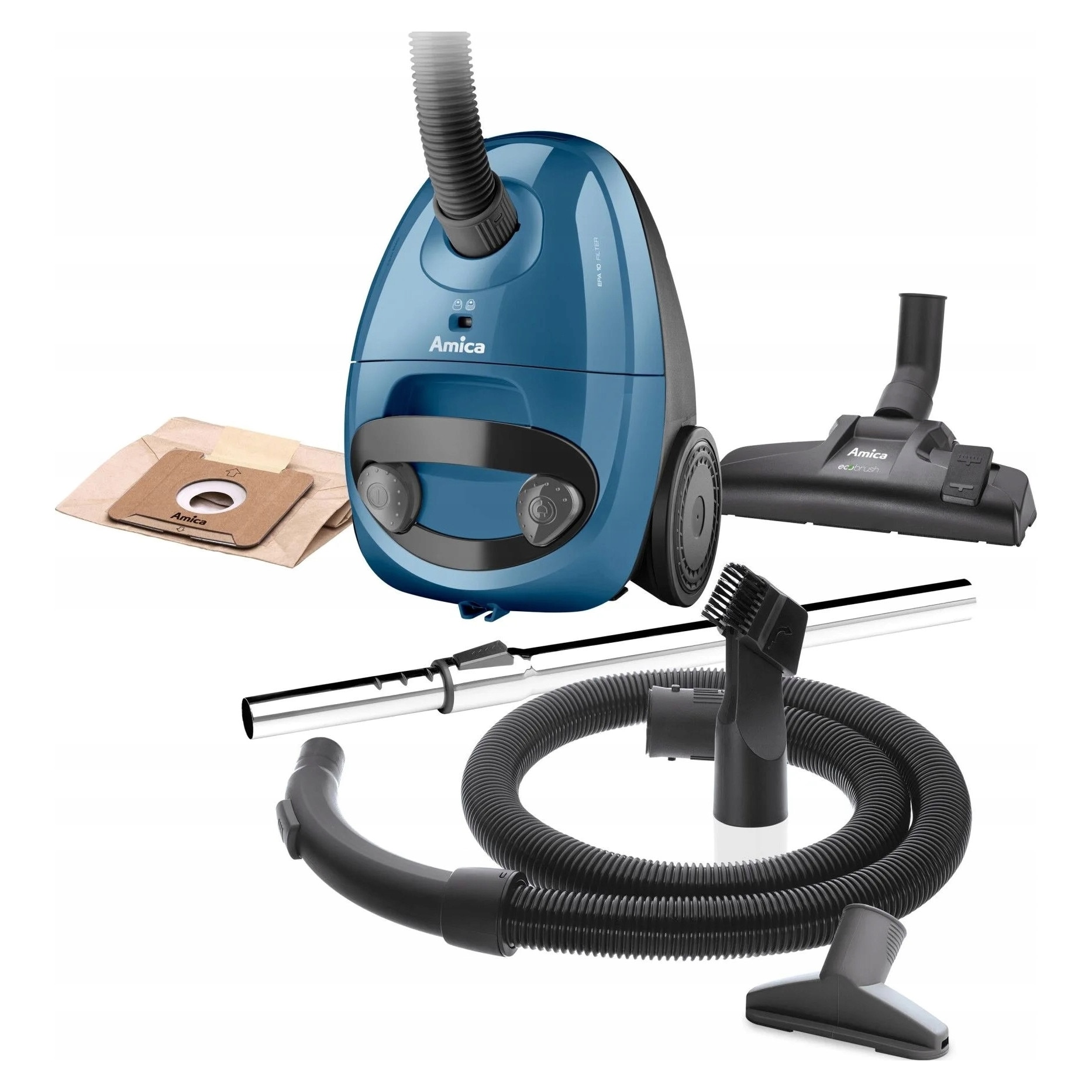 Aspirator cu sac Amica VM 1036, 850W, filtru EPA, reglare putere, sistem parcare verticala si orizontala, culoare alba