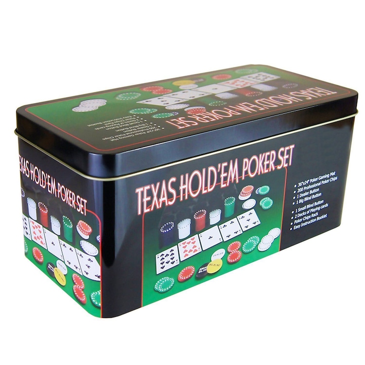 Комплект за покер Texas Hold'em с 200 чипа, карти за игра и аксесоари