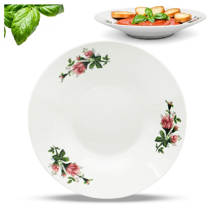 Mélytányér Bella Fiore 23x4cm fehér porcelán rózsákkal, 6 darabos szett