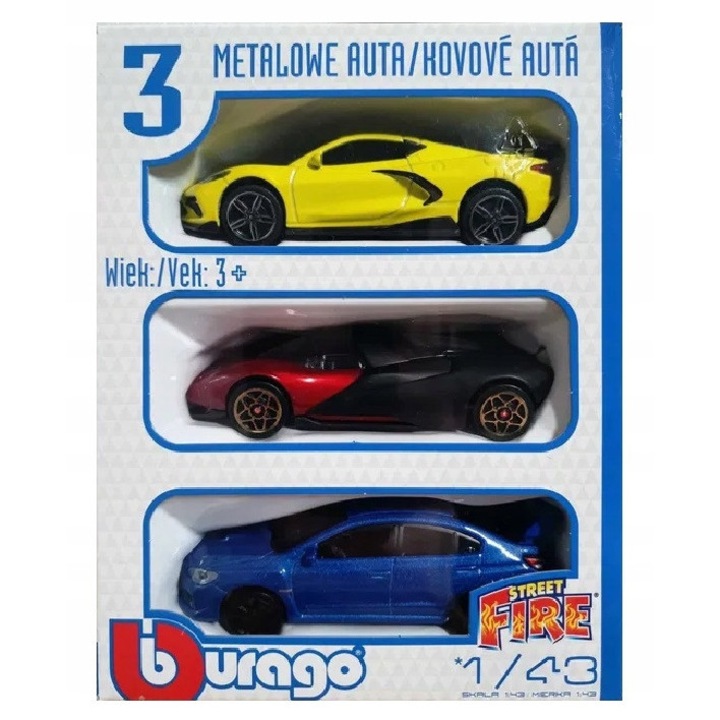 Bburago 3 db-os fém autó szett 1:43 sárga-fekete-piros 10,6x4,8x2,9cm