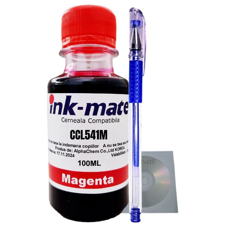 Set Flacon Refill Cerneala Ink-Mate Compatibil Canon 1x100ml CL-541 Magenta, Pix cu gel si 1buc Cdr Maxell cu plic