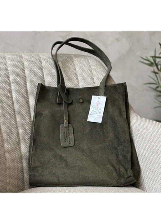 Geanta dama shopper piele intoarsa naturala, verde masliniu, 25x041