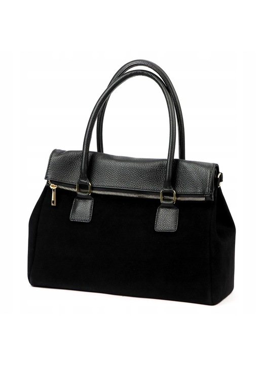 Geanta dama Vera Pelle, piele naturala si piele intoarsa, negru, 37x25x15cm, curea reglabila