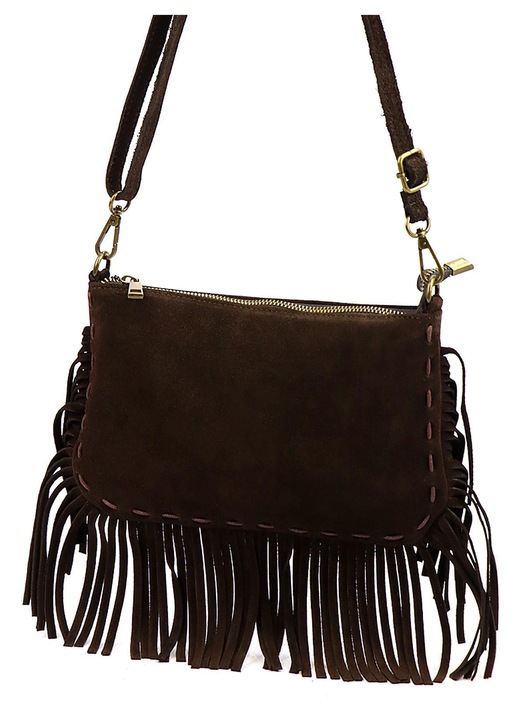 Geanta dama piele intoarsa franjuri BOHO maro inchis