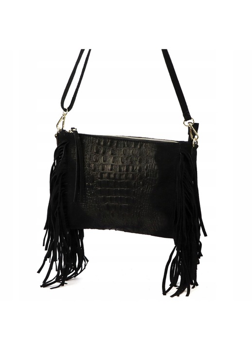 Geanta dama Vera Pelle Croco piele intoarsa neagra franjuri