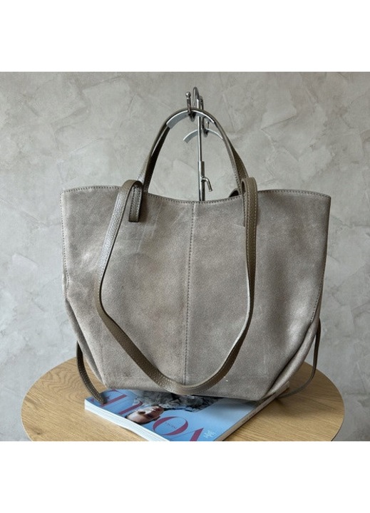 Geanta shopper dama Vera Pelle Luka, piele naturala, taupe, 43x30x13cm, mare, cu organizator detasabil