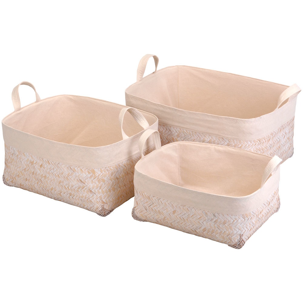 Set 3 cutii de depozitare, Emako, Bumbac/Bambus, Crem