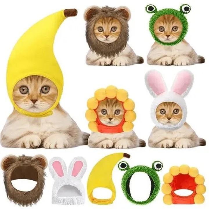 Set costum 5 piese pentru pisici si caini mici, urechi iepure, coama, multicolor