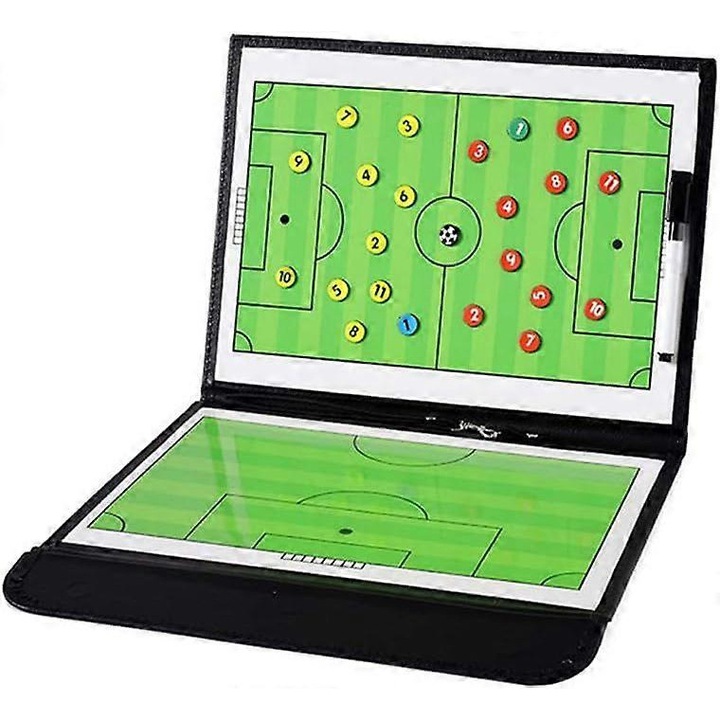 Tabel tactic fotbal magnetic pliabil cu marker si buzunar zip, 2 in 1, alb-negru, 40x30cm
