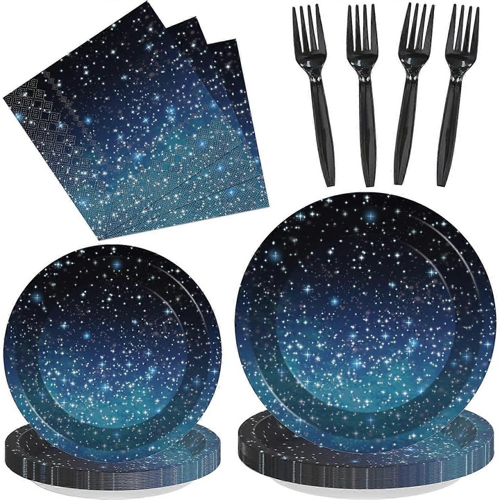 Set vesela petrecere spatiala 96 piese, farfurii hartie, servetele, furculite, multicolor, 24 persoane