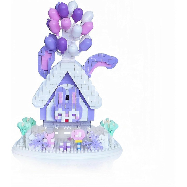 Set constructie casa urs roz cu baloane si flori 7.32x2.95x2.95 inch, 1277 piese