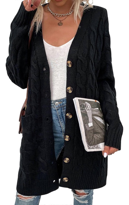 Cardigan dama tricotat negru cu nasturi
