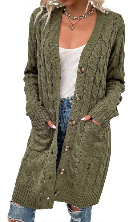 Pulover dama cardigan lung tricotat verde militar, S INTL