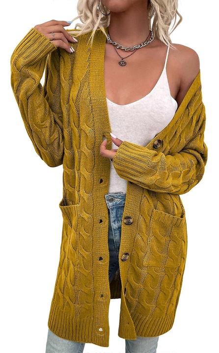 Cardigan dama lung tricotat model torsade galben