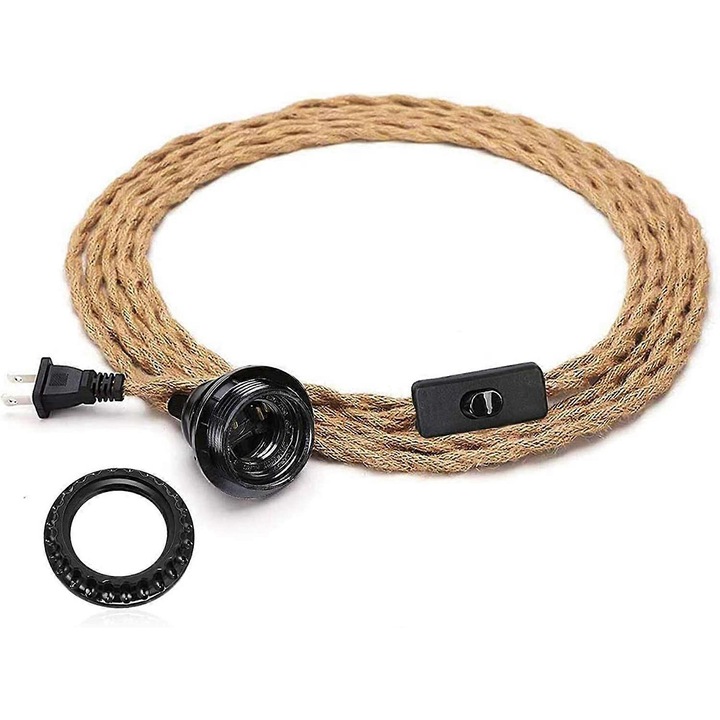Kit lampa suspendata vintage cu cablu din sfoara de canepa 15FT, comutator on/off, soclu E26, negru
