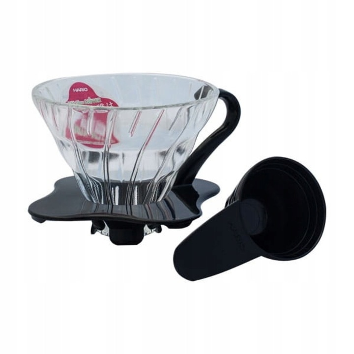 Dripper pentru cafea Hario V60-01 (EAPCEG61O), din sticla cu baza si maner din plastic, include masurator pentru cafea, transparent/negru, 200–360 ml