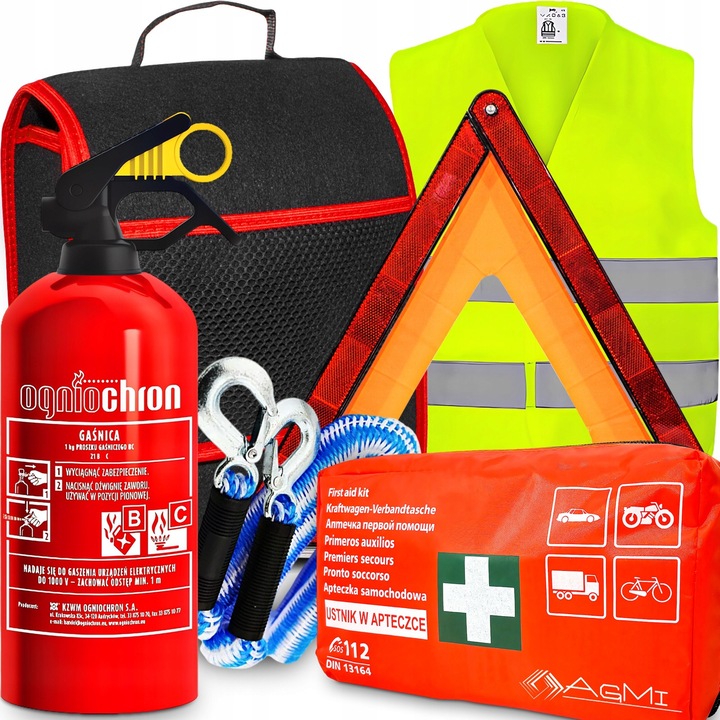 Set auto Agmi elsősegélycsomag 1kg tűzoltó készülék háromszög fényvisszaverő mellény táska 26x14.5x33cm