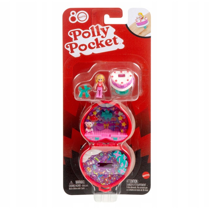 Set compact Polly Pocket Mattel 80 de ani, inima sclipitoare rubinie, micro papusa, animal „balon” si inel detasabil, pentru copii 4+
