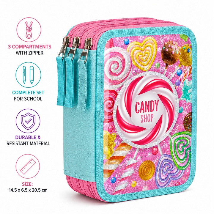 Несесер, оборудван, троен, Candy Shop, розов, холографски, 14.5x6.5x20.5 см, 3 отделения, 18 цветни молива, 18 флумастера, ножица, линийка, транспортир, напълно оборудван за училище
