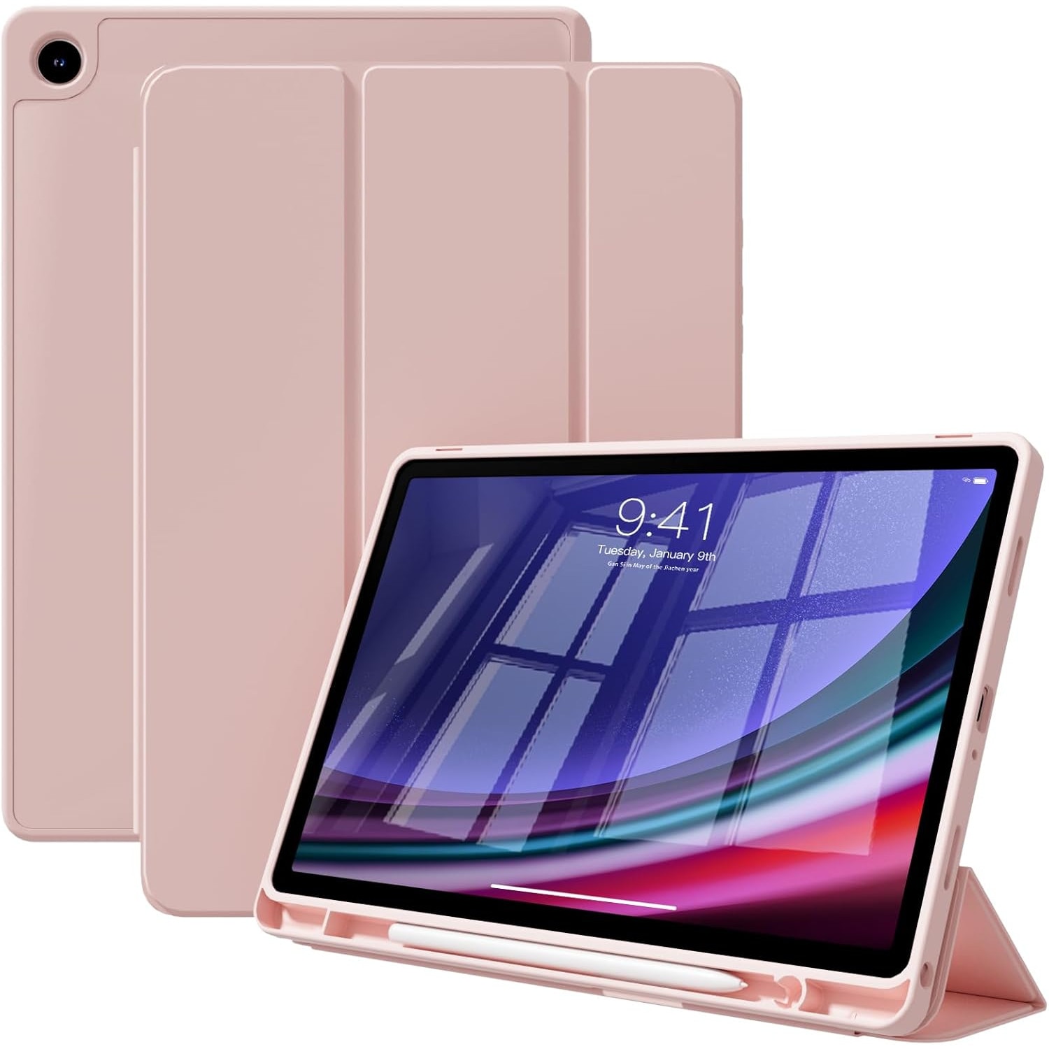 Husa pentru tableta, Supero, Samsung, compatibila Galaxy Tab A11 8, 7 / A9 8, 7, spate transparent tare rezistent la zgarieturi, suport integrat pentru stylus, functie auto-wake/auto-sleep, clapeta rabatabila tip stand, decupaje precise, negru
