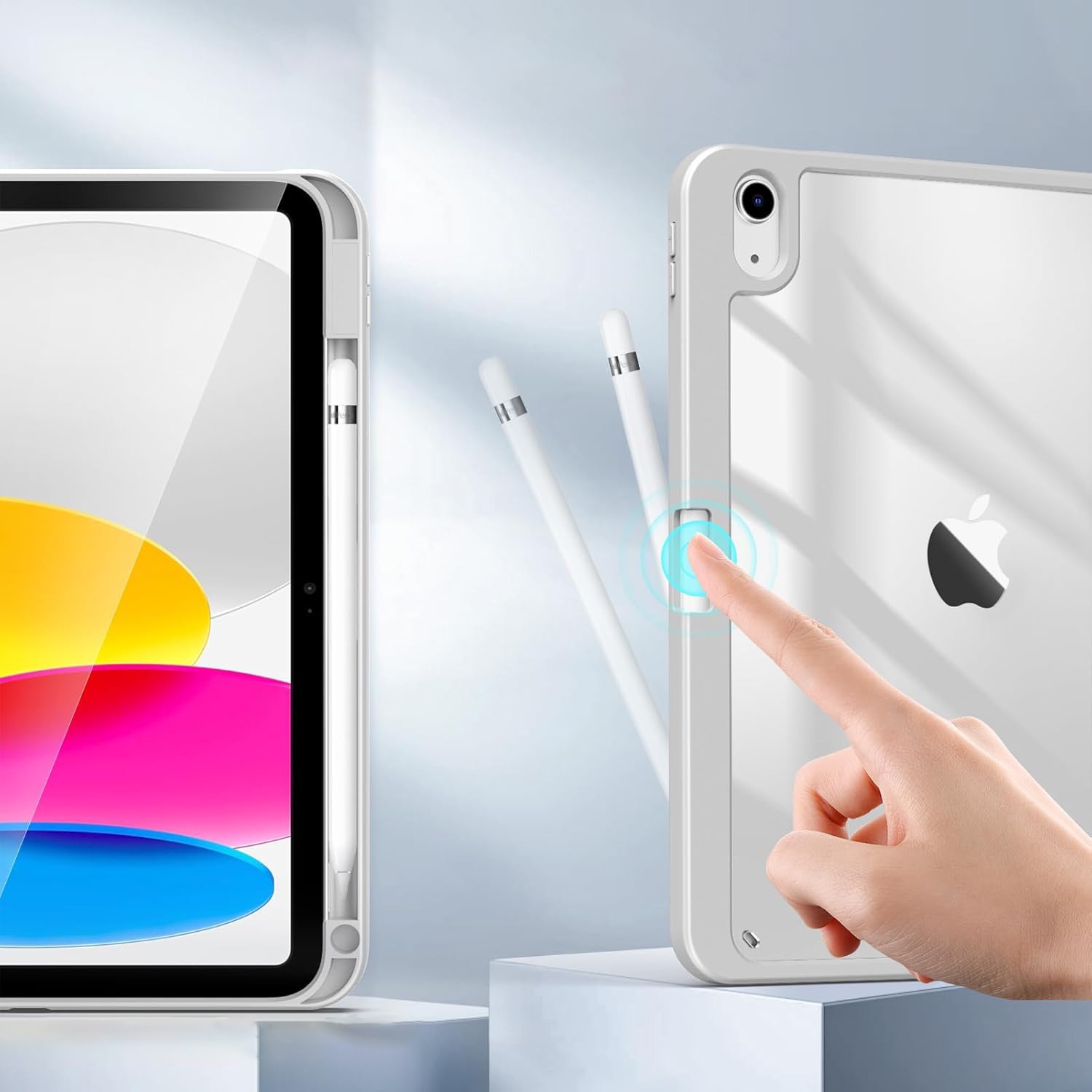 Carcasa pentru iPad, Supero, Apple, compatibila iPad 10.9" 2022 10‑GEN si iPad 11" A16 2025 11‑GEN, protectie transparenta anti‑ingalbenire, suport integrat pentru Apple Pencil, decupaje pentru incarcare, transparent
