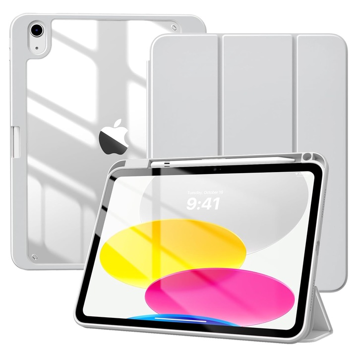 Carcasa pentru iPad, Supero, Apple, compatibila iPad 10.9" 2022 10‑GEN si iPad 11" A16 2025 11‑GEN, protectie transparenta anti‑ingalbenire, suport integrat pentru Apple Pencil, decupaje pentru incarcare, transparent