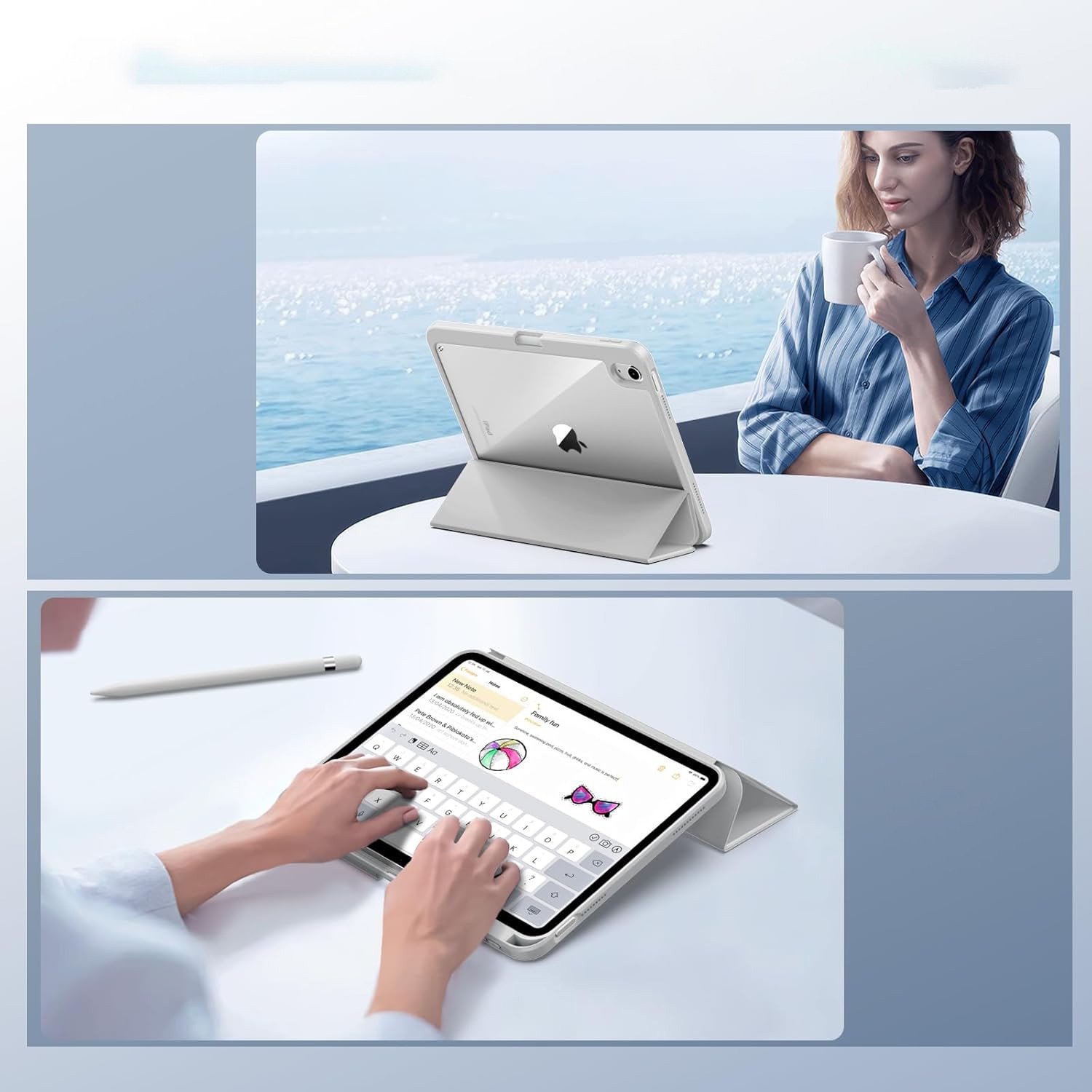 Carcasa pentru iPad, Supero, Apple, compatibila iPad 10.9" 2022 10‑GEN si iPad 11" A16 2025 11‑GEN, protectie transparenta anti‑ingalbenire, suport integrat pentru Apple Pencil, decupaje pentru incarcare, transparent