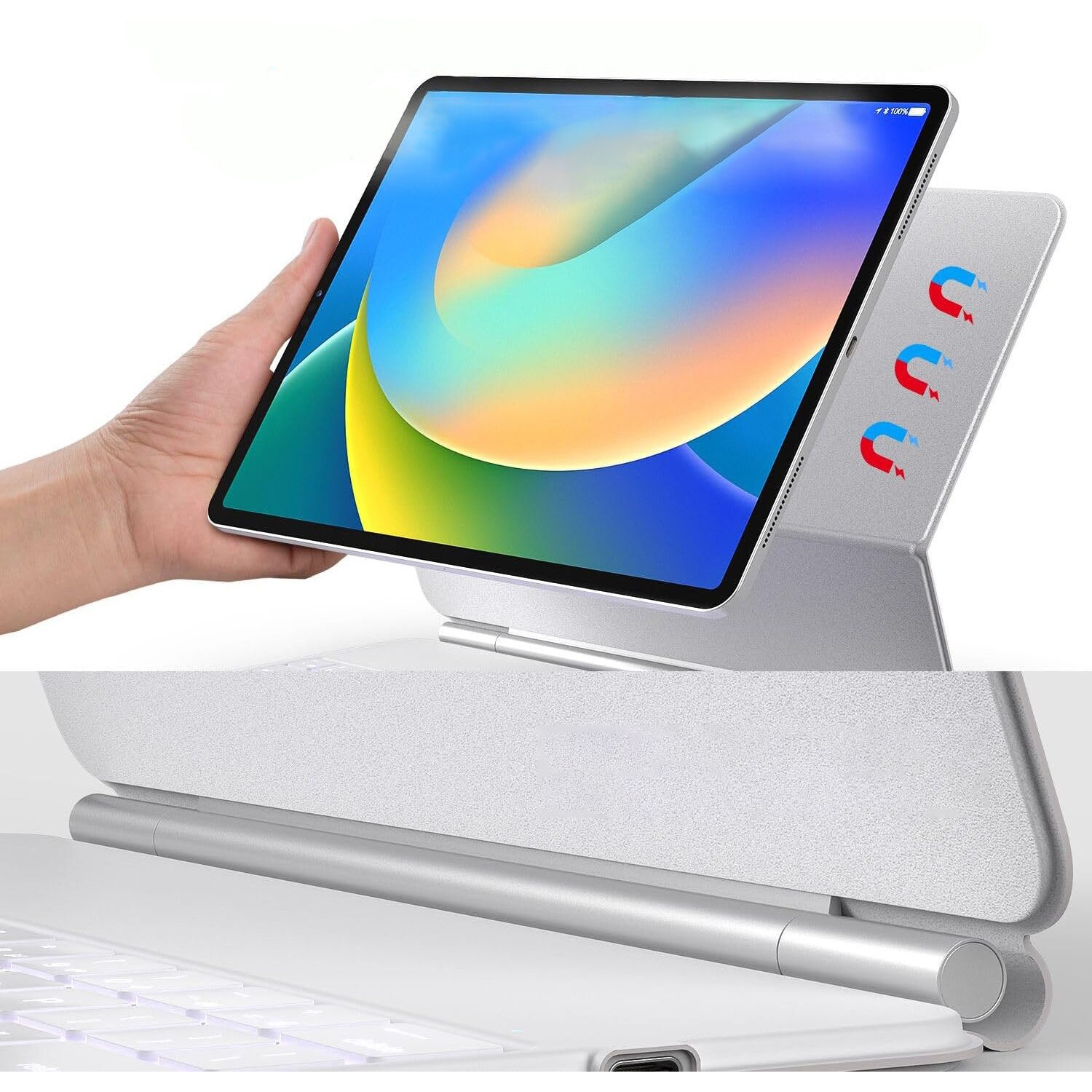 Husa magnetica cu tastatura, Supero, compatibila iPad, magnetica, tastatura iluminata, decupaje precise, montaj magnetic, protectie anti-zgarieturi, pentru iPad 10.9" 10 Gen 2022 / iPad 11" A16 11 Gen 2025, alb
