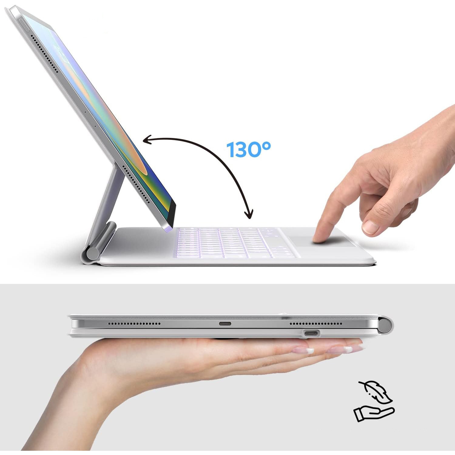 Husa magnetica cu tastatura, Supero, compatibila iPad, magnetica, tastatura iluminata, decupaje precise, montaj magnetic, protectie anti-zgarieturi, pentru iPad 10.9" 10 Gen 2022 / iPad 11" A16 11 Gen 2025, alb