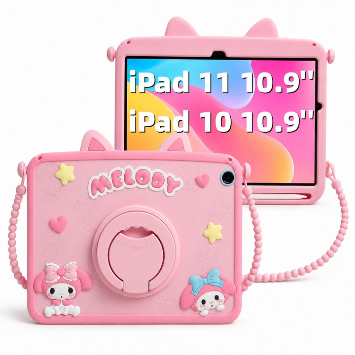 Husa pentru Apple iPad 11 2025 si iPad 10 2022, 10.9 Inch, Silicon Moale pentru Copii, Urechi de Pisica, Suport Rotativ 360 Grade, Functie Stand, Maner, Curea Detasabila, Protectie Anti-Soc, Roz