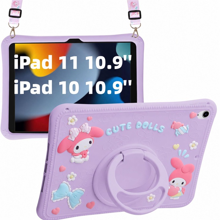 Husa pentru Apple iPad 11 2025 si iPad 10 2022, 10.9 Inch, Silicon Moale pentru Copii, Suport Rotativ 360 Grade, Functie Stand, Maner, Curea Detasabila, Protectie Anti-Soc, Design Cartoon, Mov