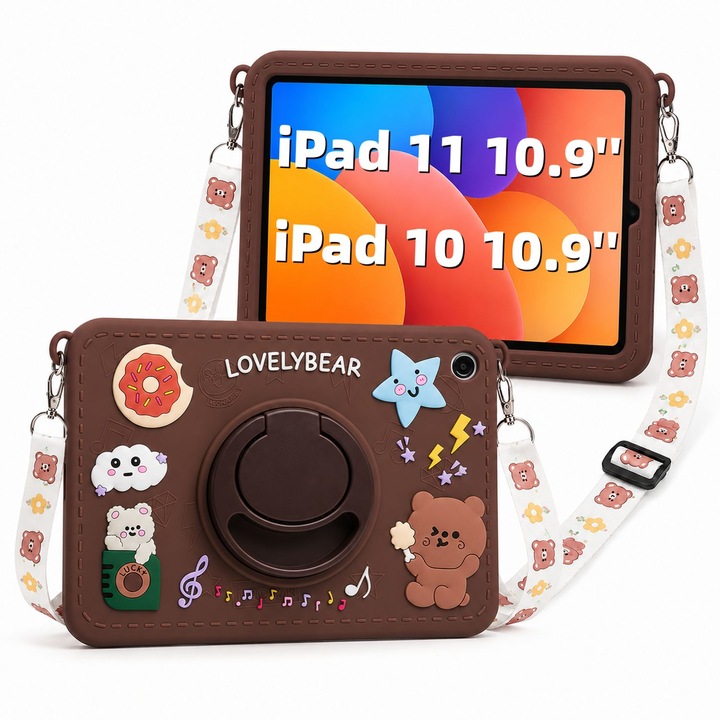 Husa pentru Apple iPad 11 2025 si iPad 10 2022, 10.9 Inch, Silicon Moale pentru Copii, Suport Rotativ 360 Grade, Functie Stand, Maner, Curea Detasabila, Protectie Anti-Soc, Design Cartoon, Maro