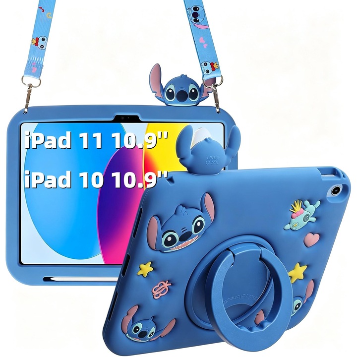 Husa pentru Apple iPad 11 2025 si iPad 10 2022, 10.9 Inch, Silicon Moale pentru Copii, Model Stitch Albastru, Suport Rotativ 360 Grade, Functie Stand, Maner, Curea de Umar Reglabila si Detasabila, Protectie Anti-Soc, Albastru