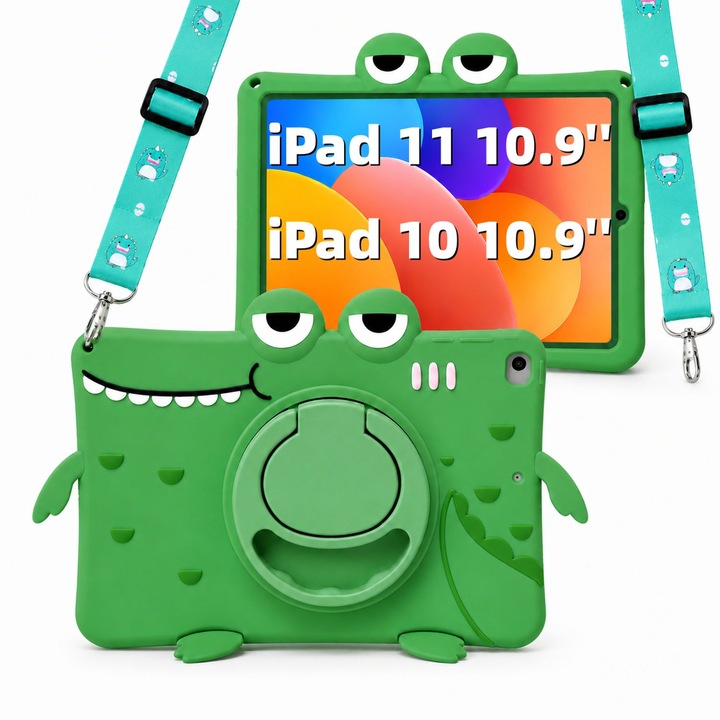 Husa pentru Apple iPad 11 2025 si iPad 10 2022, 10.9 Inch, Silicon Moale pentru Copii, Model Crocodil, Suport Rotativ 360 Grade cu Maner, Functie Stand, Curea de Umar Reglabila si Detasabila, Protectie Anti-Soc, Verde