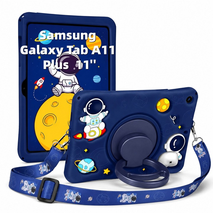 Husa pentru Samsung Galaxy Tab A11 Plus is Galaxy Tab A9 Plus, Exclusiv pentru 11 inch, Silicon Moale pentru Copii, Suport Rotativ 360° cu Functie Stand, Model Astronaut, Albastru Inchis