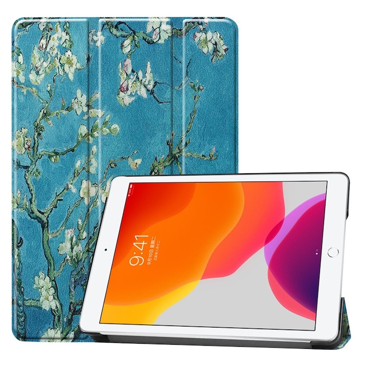 Husa pentru Apple iPad 10.2" (Gen 7/8/9 2019/2020/2021), SpringFlower, Imprimeu floral, Protectie completa, Verde Albastru