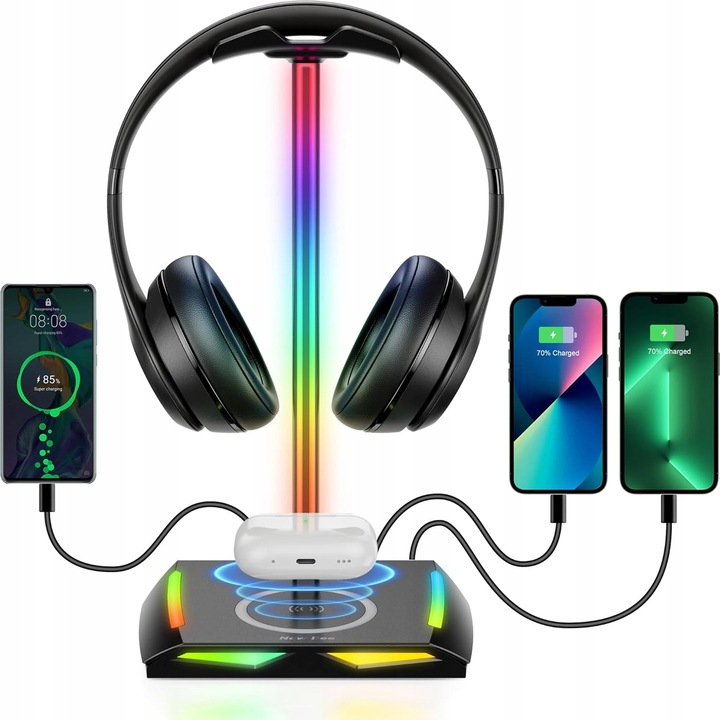 Gaming fejhallgató tartó RGB világítással és USB hubbal, alumínium, 20x10.5cm