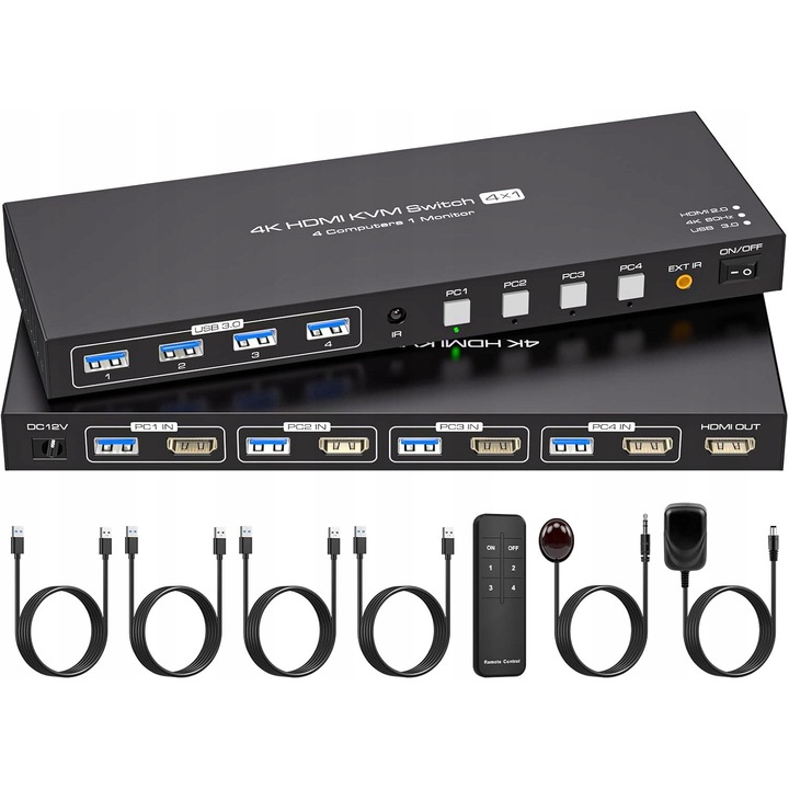 KVM kapcsoló 4 PC 1 monitor 4K60Hz USB 3.0 fekete
