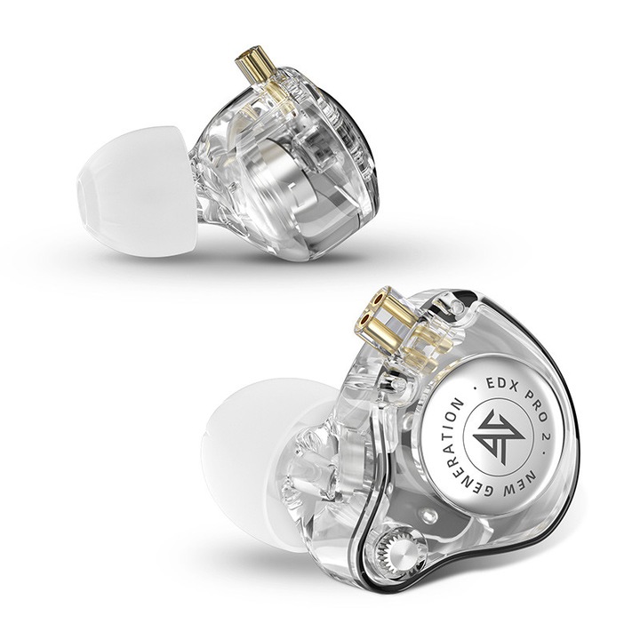 Casti IEM KZ EDX PRO 2, SE Super Dinamic Liniar Driver 1DD de 10mm, Cablu detasabil cu Jack 3.5mm, Microfon HD Dual, Transparent