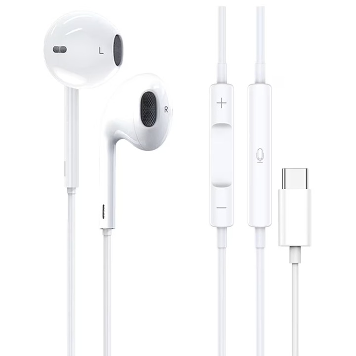 Casti cu Fir, compatibile cu iPhone 15/16/17, Mufa Type-C, 1m, Microfon integrat si Butoane de control, Alb