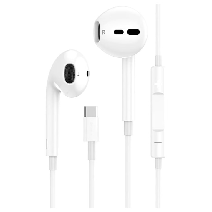 Casti cu Fir, compatibile cu iPhone 15/16/17, Mufa Type-C, 1.2m, Microfon integrat si Butoane de control, Alb