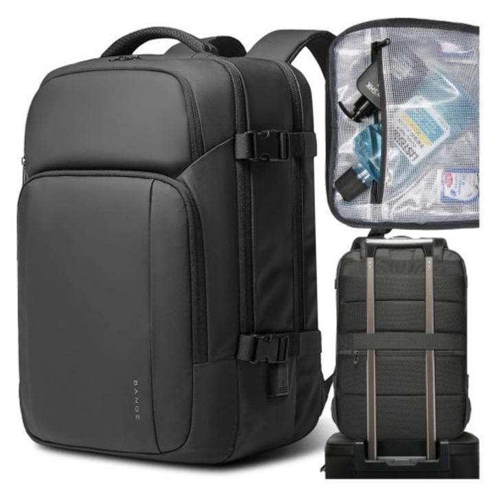 Rucsac Bange 23L, rezistent la apa, port USB, negru, 45x31x17cm