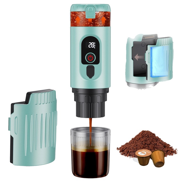 Espressor portabil reincarcabil 8785373688209, 20 BAR, baterie detasabila 7650 mAh, incarcare USB-C, pentru cafea macinata si capsule compatibile, verde deschis